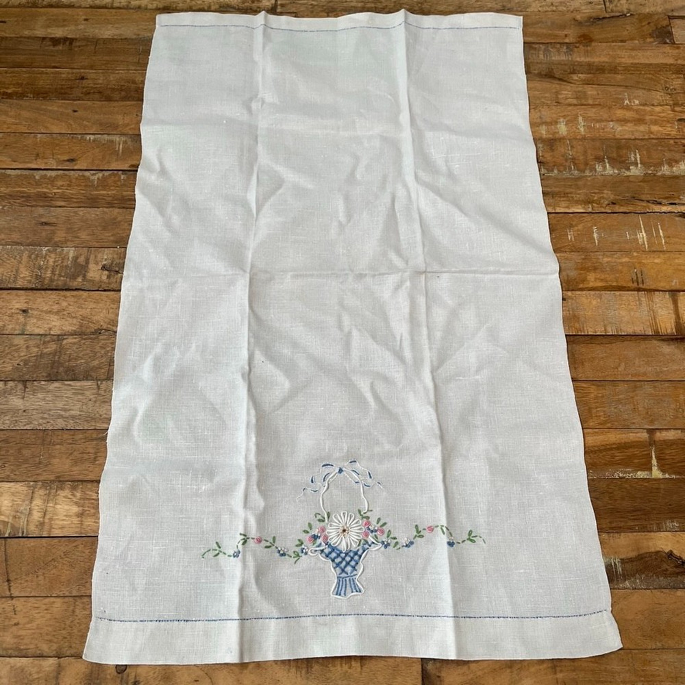 White Kitchen Dish Towel 17 x 28 in Hand-Embroidered Floral Basket Cross-Stitch